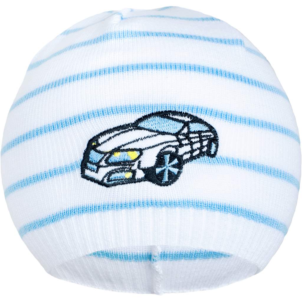 Jarní čepička New Baby s autíčkem bílo-modrá, Velikost: 104 (3-4r)
