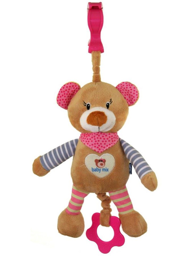 Dětská plyšová hračka s hracím strojkem a klipem Baby Mix Medvídek růžový