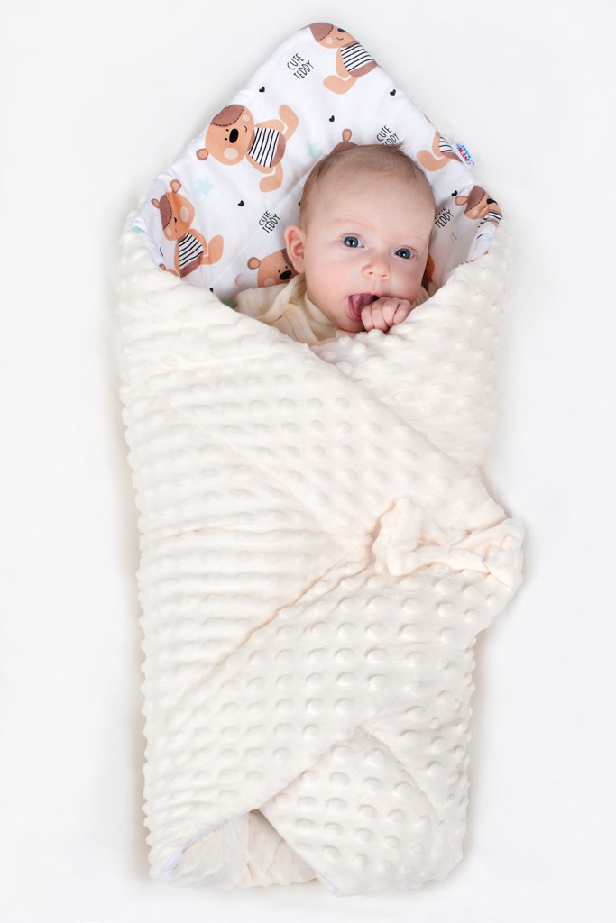 Oboustranná zavinovačka z Minky New Baby 75x75 cm teddy šedá hvězdičky růžové
