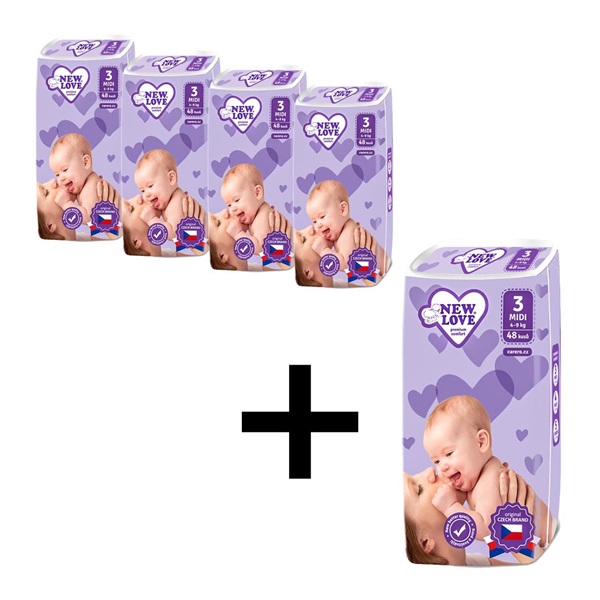 AKCE 4+1 Dětské jednorázové pleny New Love Premium comfort 3 MIDI 4-9 kg 5x48 ks