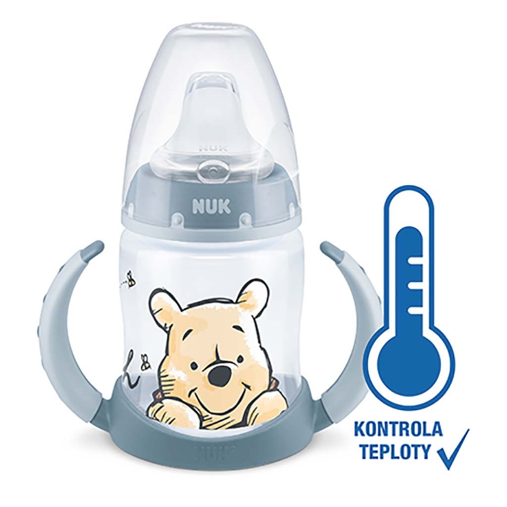 Dojčenská fľaša na učenie Medvedík Pú s kontrolou teploty sivá 150 ml 