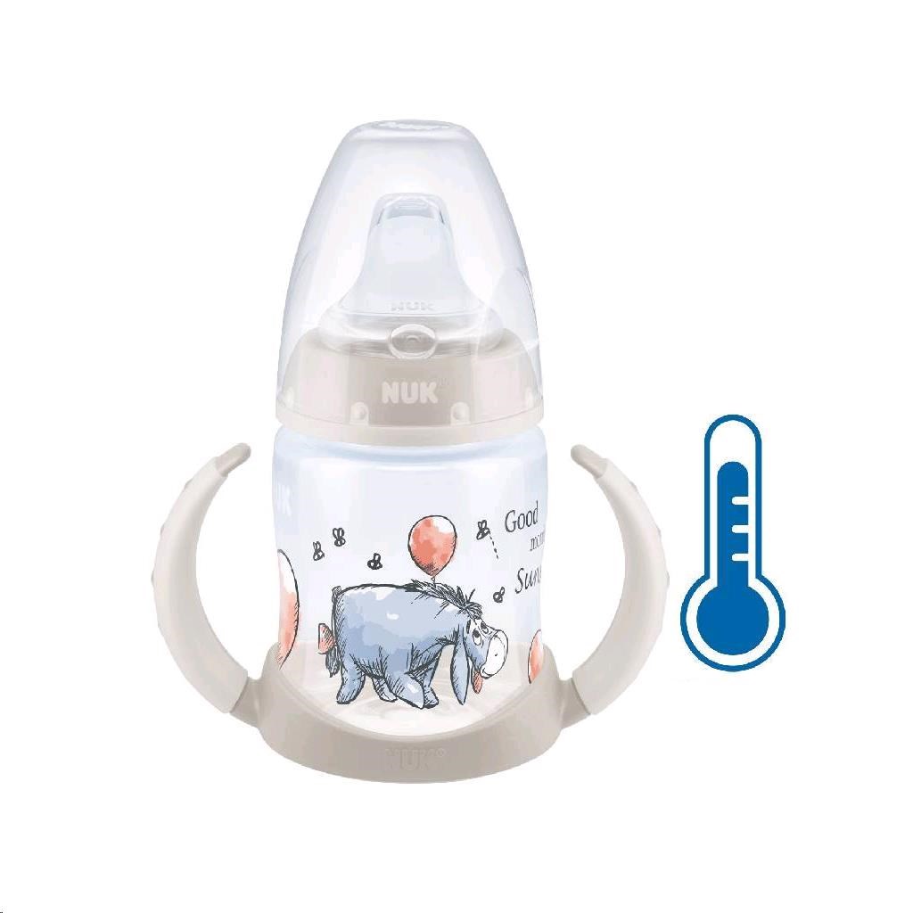 Dojčenská fľaša na učenie Medvedík Pú s kontrolou teploty béžová oslík 150 ml 