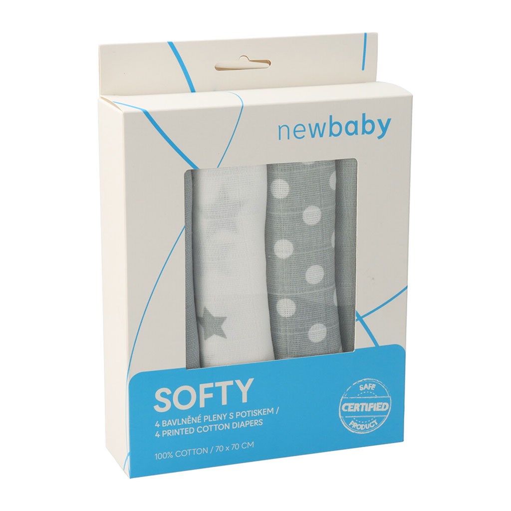 Látkové bavlněné pleny New Baby Softy s potiskem 70 x 70 cm 4 ks šedo-bílé