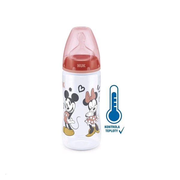 Kojenecká láhev na učení NUK Disney Mickey s kontrolou teploty 300 ml červená