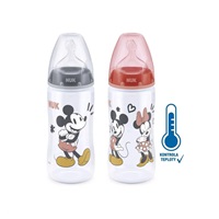 Kojenecká láhev na učení NUK Disney Mickey s kontrolou teploty 300 ml červená