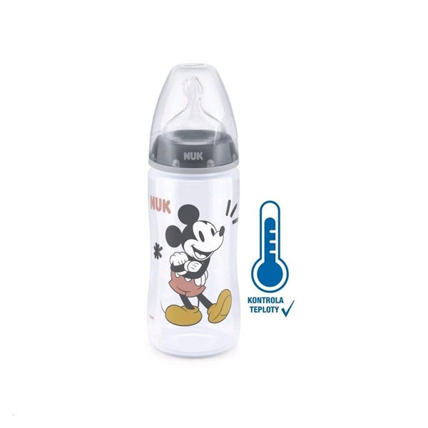 Kojenecká láhev na učení NUK Disney Mickey s kontrolou teploty 300 ml šedá