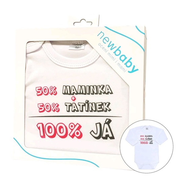 Body s potiskem New Baby 50% MAMINKA + 50% TATÍNEK - 100% JÁ růžové - dárkové balení