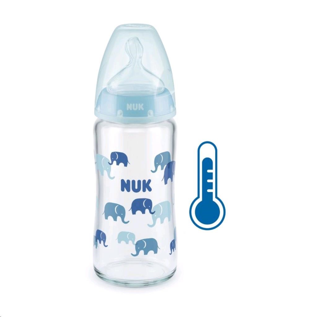 Skleněná kojenecká láhev NUK FC s kontrolou teploty 240 ml modrá