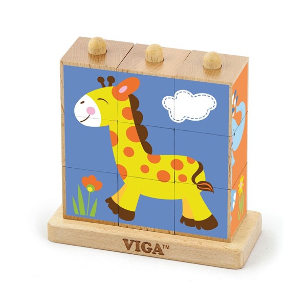 Dřevěné puzzle kostky na stojánku Viga Zoo