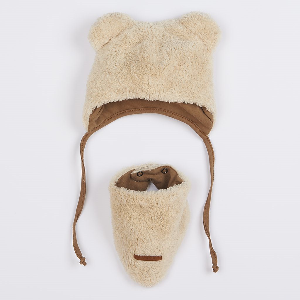 Zimná dojčenská čiapočka so šatkou na krk Teddy bear béžová 62
