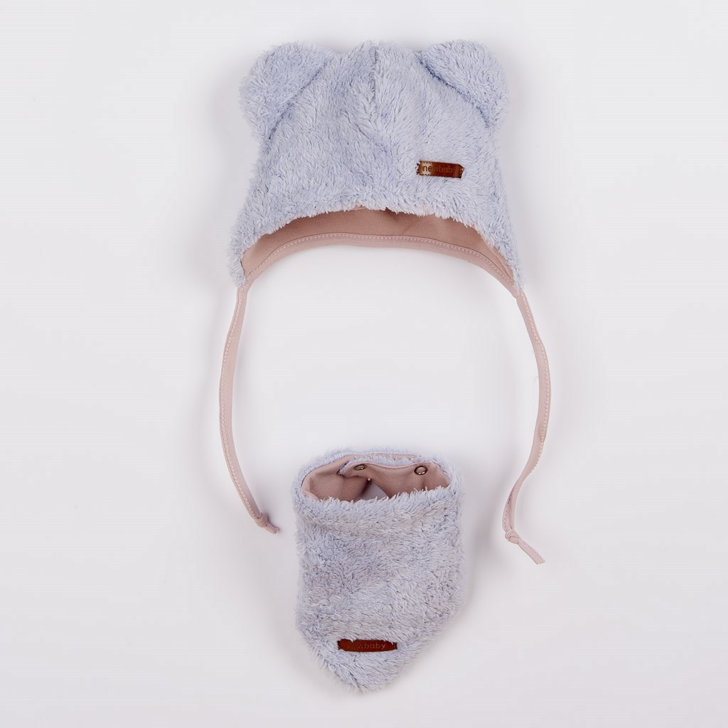 Zimní kojenecká čepička s šátkem na krk New Baby Teddy bear - šedo růžová - šedá/86 (12-18m)