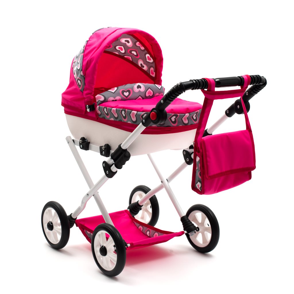Dětský kočárek pro panenky New Baby COMFORT růžový srdíčka šedá - 1