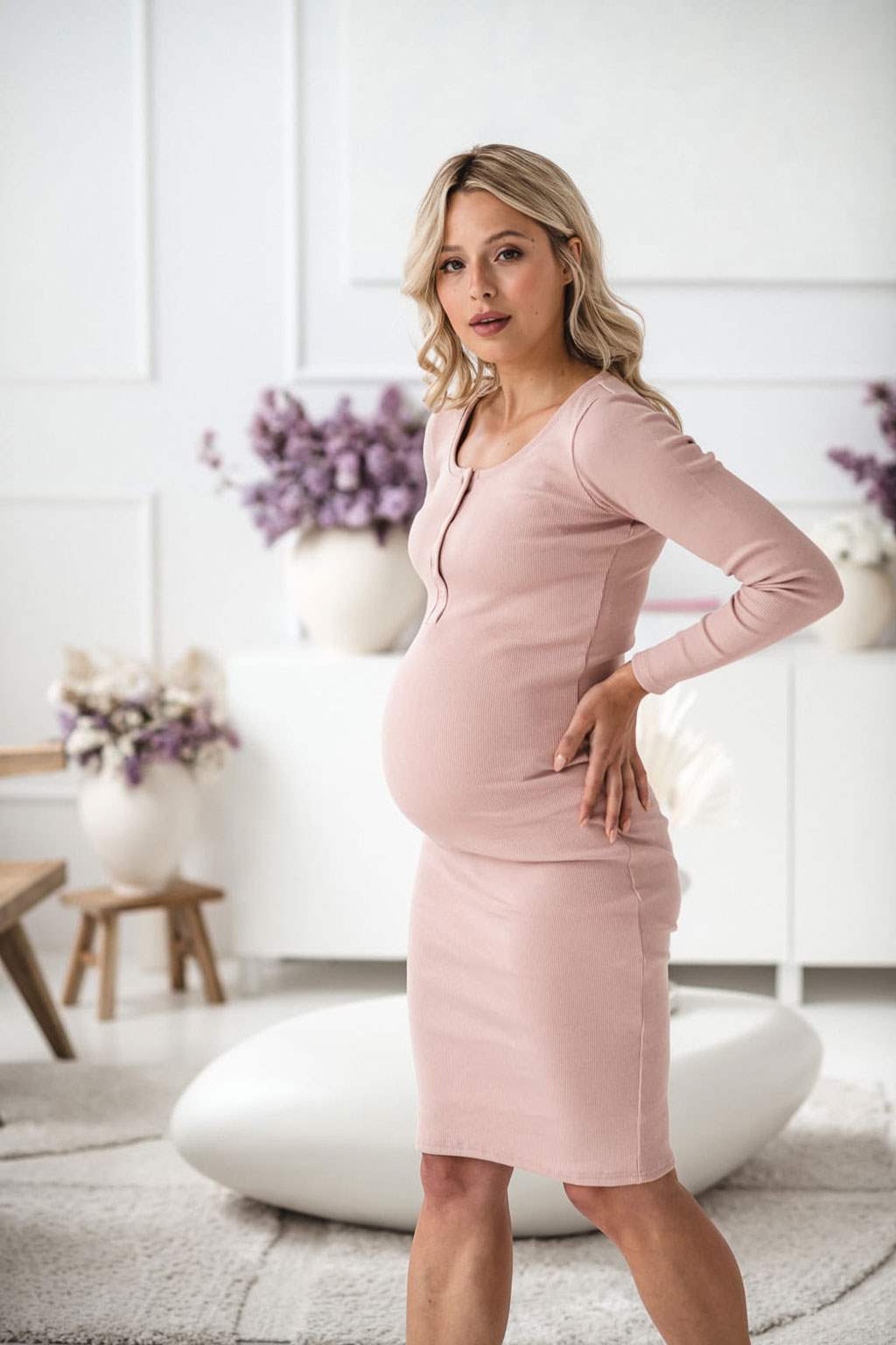 Těhotenské a kojící šaty žebrované Tummy milk & love pudrově růžová - 1