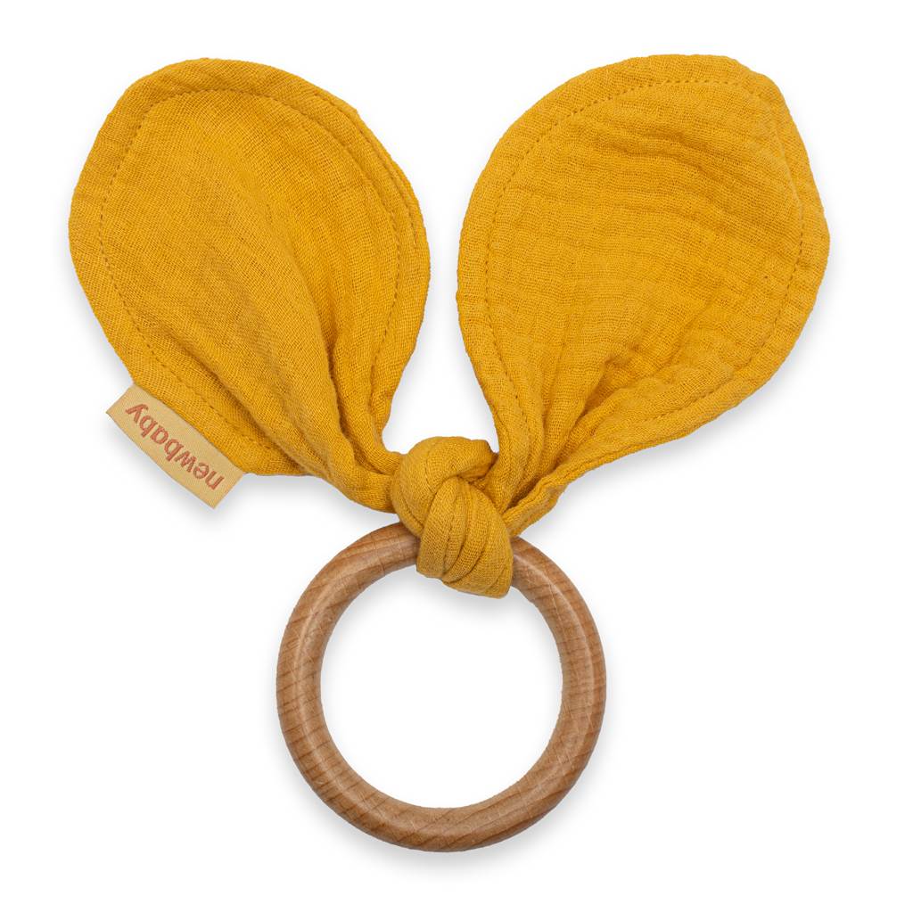 Dětské dřevěné kousátko ouška Ears mušelín mustard hořčicová
