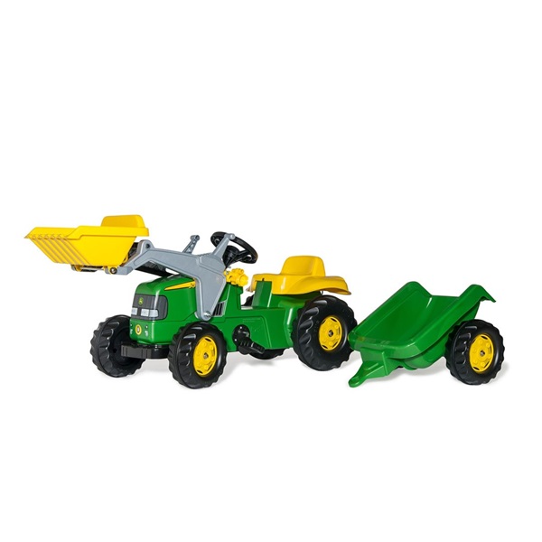 Šlapací traktor s nakladačem a vlečkou Rolly Kid John Deere zelený