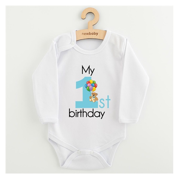 Dětské body s potiskem New Baby My first birthday blue