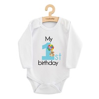 Dětské body s potiskem New Baby My first birthday blue