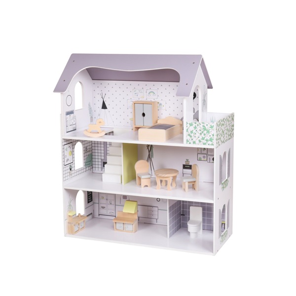 Dřevěný domeček pro panenky s nábytkem Rose Montessori Baby Mix