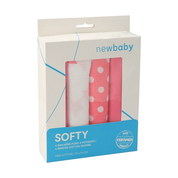 Látkové bavlněné pleny New Baby Softy s potiskem 70 x 70 cm 4 ks růžovo-bílé(poškozený obal)