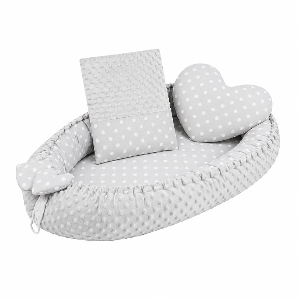 Luxusní hnízdečko s polštářkem a peřinkou New Baby z Minky Srdíčko šedé