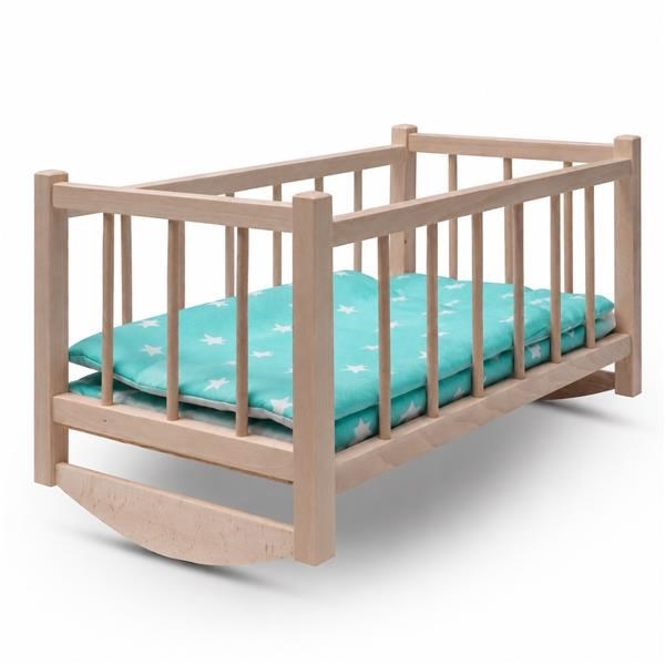 Dřevěná postýlka-kolébka pro panenky s povlečením Baby Mix stars mint